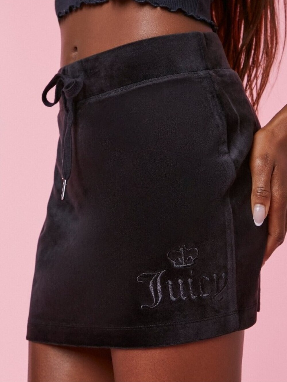 Juicy Couture X F21 Black Velour Drawstring Mini Skirt Size Large